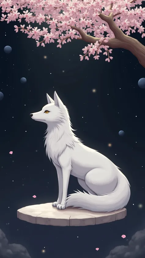 A white fox under a cherry tree stands on a flat stone in space with 、 moons