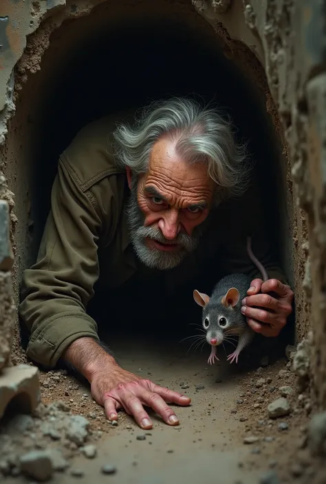 An old man fighting with a rat that is inside a hole