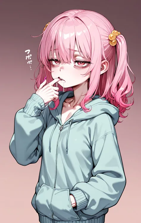 sfw,gyaru,solo loli_girl,pink hair,small breast,[emaciated:1.3],sulking,drooling,finger in own mouth,hoodie,Widening one’s eyes,Fluttering one’s hands