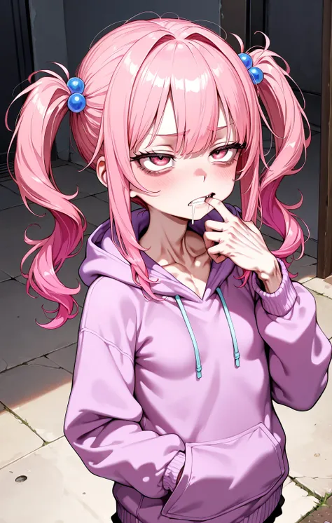 sfw,gyaru,solo loli_girl,pink hair,small breast,[emaciated:1.3],sulking,drooling,finger in own mouth,hoodie,Widening one’s eyes,Fluttering one’s hands