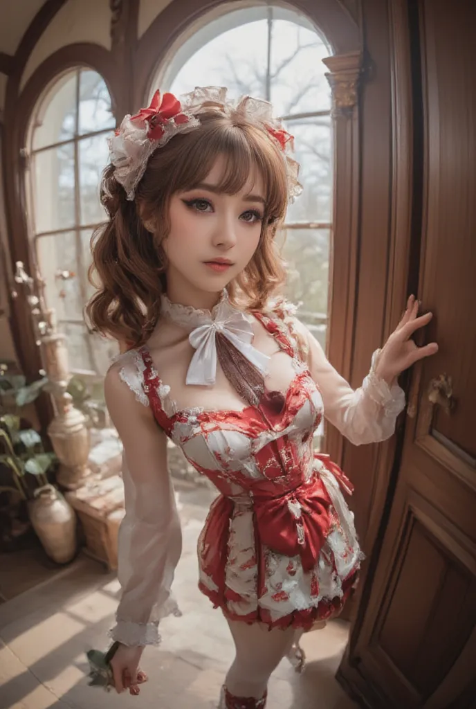 (( top quality)), (( Masterpiece、  top quality、  masterpiece、High sensitivity、  nothing 、  front door depicting a delicate face、Give a girl a fellatio )),　 Slender Woman、glass、  There is a woman in a red and white dress and hat 、Lolita fashion、 Detailed de...