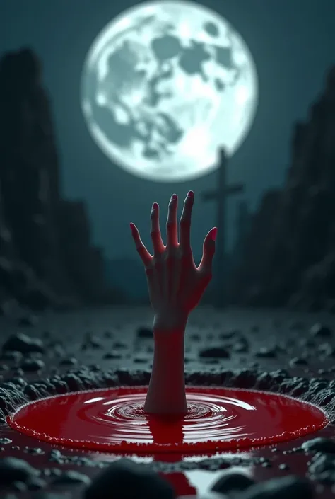 Image of a female hand sprouting from the red puddle at night on a full moon