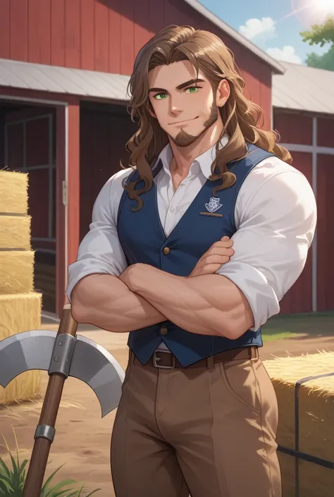 Stron anime man , working the farm ,he have a axe,outside,have on a white vest, a brown pants, he have muscles, good looking ,have a little  beard, Masterpiece, Detail, Wavy Hair,  Closed Mouth, ,Brown Hair, Lens Flare, Illustration, Impressionism, Feet Ou...