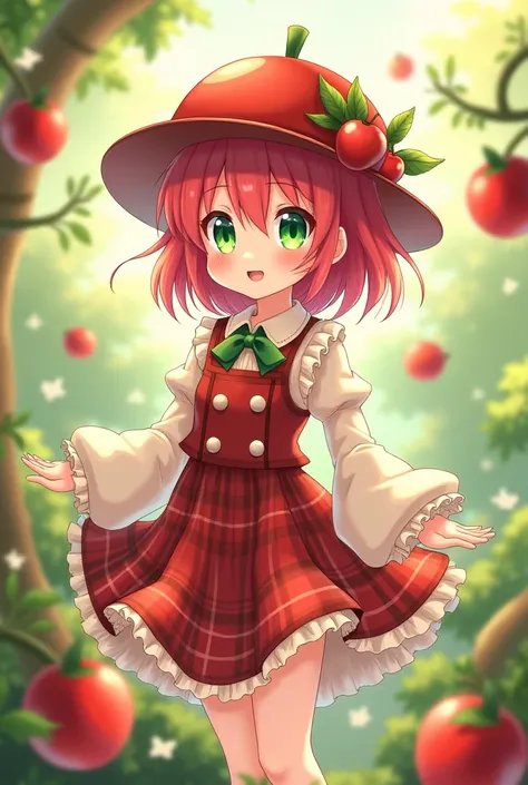  apple-themed anime style , clear green eyes,  reddish hair ,  an apple hat and apple-themed clothing, Whether it's plaid colors or dresses 