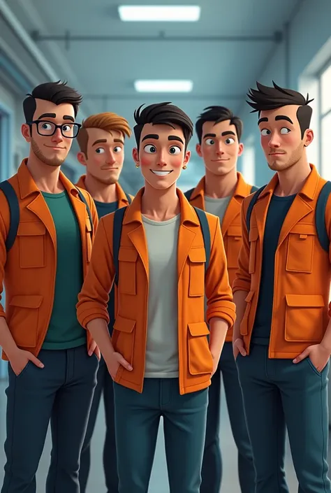 5 men and 1 woman animated electricians 2 men with lenses, The woman with glasses, One with thin and tall lenses, Another tall and thin man without glasses, The other man with glasses with colored hair, Another man a little shorter than the others like a.4...