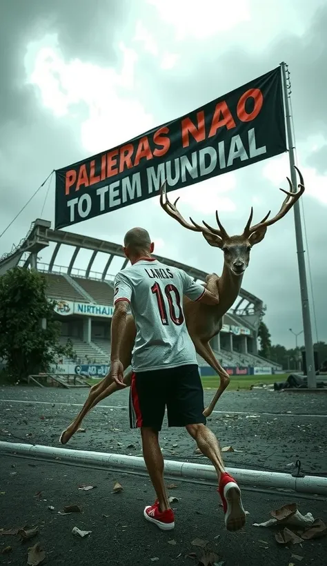 A lone necrotic figure shuffles forward, his tattered São Paulo Futebol Clube jersey hanging loosely from his decaying frame. The jersey, once vibrant with white, red, and black, is now faded and stained, but its emblem remains unmistakable. His movements ...