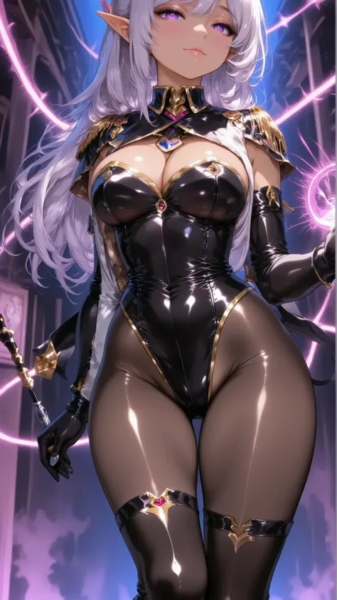 1 mature seductive dark elf woman,(masterpiece, highest quality, highly detailed, incredibly absurd high resolution, 8K, illustration, CG),(Playboy bunny, latex strapless black leotard, black gloves, black pantyhose),(shiny hair, purple eyes, half-closed e...