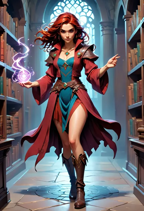 picture of a sorceress casting a chrono magic spell in science library, exquisite beautiful woman, dynamic hair color, dynamic hair style, ((full body shot: 1.5)), (ultra detailed face: 1.2), best detailed face, high details, best quality, 16k, ((red dress...