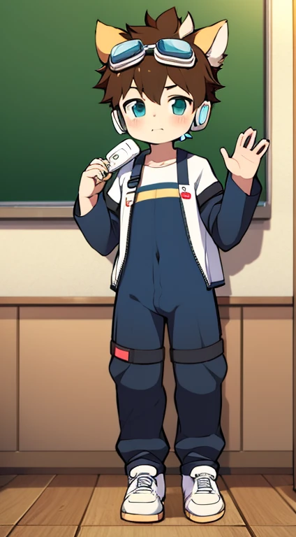 2D boy Shota ，One-piece suit ， Wear headphones on your head， permanent，Goggles，trumpet，Cow ears，sneakers，classroom，Standing