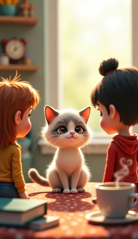 
A small fluffy cat talking with Lucy, Ben, and Mia