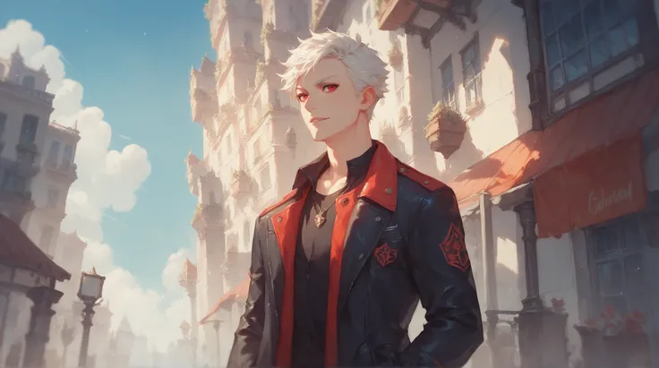 A red-eyed, white-haired man in his 20s standing alone among many couples in the city