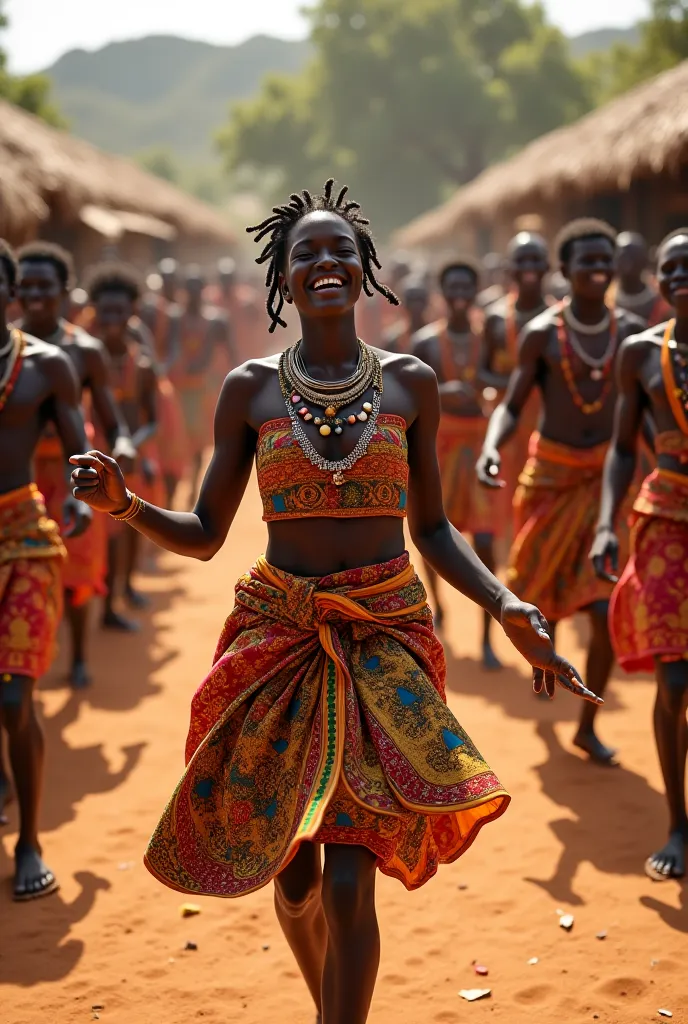 Personnage africain en joie dansant pendant une fête traditionnelle africaine rythme par des musiciens traditionnel africain au village vue En plongée 