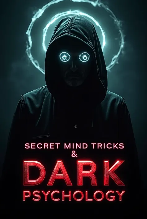 Dark, mysterious YouTube banner with a black background, eerie neon lighting, a hypnotic spiral, and a shadowy figure with glowing eyes. Bold, sleek text 'Secret mind tricks & Dark Psychology ' in metallic silver or red, exuding intrigue and manipulation."...