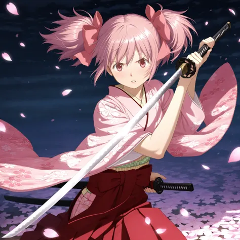 Madoka Kaname, pink-haired anime girl, drawing a katana, intense and focused expression, traditional Japanese outfit, flowing pink kimono with intricate patterns, battle-ready stance, dramatic lighting, wind blowing through her hair, cherry blossom petals ...