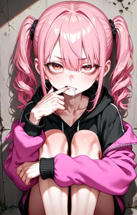 sfw,gyaru,solo loli_girl,pink hair,small breast,[emaciated:1.3],sulking,hungry,drooling,own finger in mouth,hoodie,Widening one’s eyes,looking at viewer,hugging own legs,