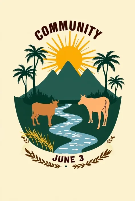  A vintage digital logo for a Bolivian farming community ,  with Amazonian mountains and palm trees , coconut and oak at the foot of the mountain stylized in dark green and blue in the center ,  a radiant sun with golden rays rising behind ,  a minimalist ...