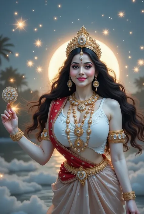 Realistic images, girl, White skin, Crown of the gods, Avatar of Goddess Lakshmi, The posture of Viralakshmi, Black hair., brown eyes, A red and gold Indian sari embellished with sparkling diamonds., Gold necklace, Golden Aura, The background is a clear sk...