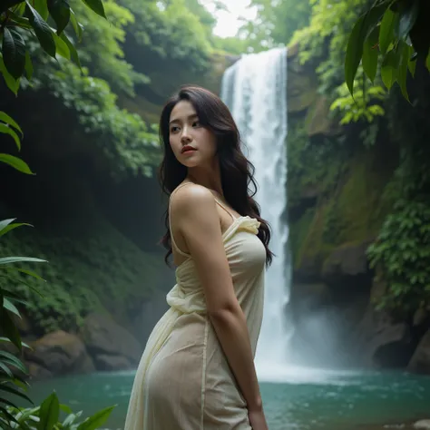 beautiful woman with big boobs, standing in front of a beautiful waterfall, atmosphere in indonesia.