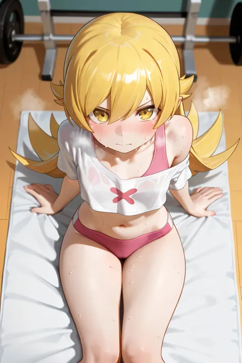 NSFW, Masterpiece, top quality, Hi-Res, very detailed,Shinobu Oshino\( monogatari series\), crop top shirt , off shoulder shirt, sports bra, spats,Gym, mat,sweat,blush, rough breath, feeling face,Get a body massage