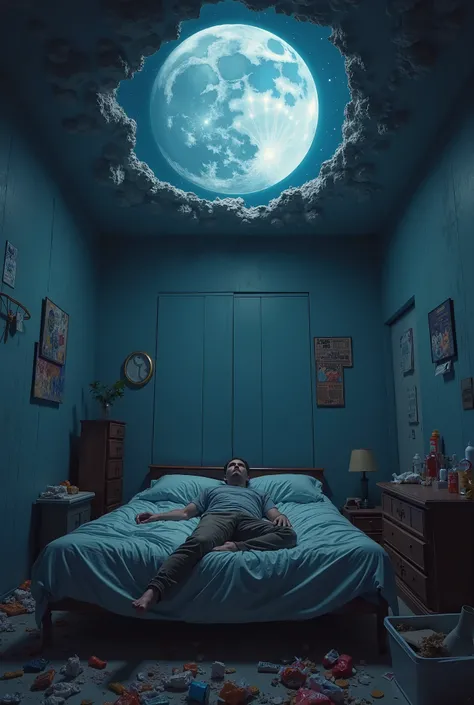  to generate a man lying on the bed in his room , The man is looking for the ceiling ,  and that the room is full of dirty clothes and food wrappers ,  also that in the ceiling of the room there is a large hole in which you can see the moon and the stars, ...