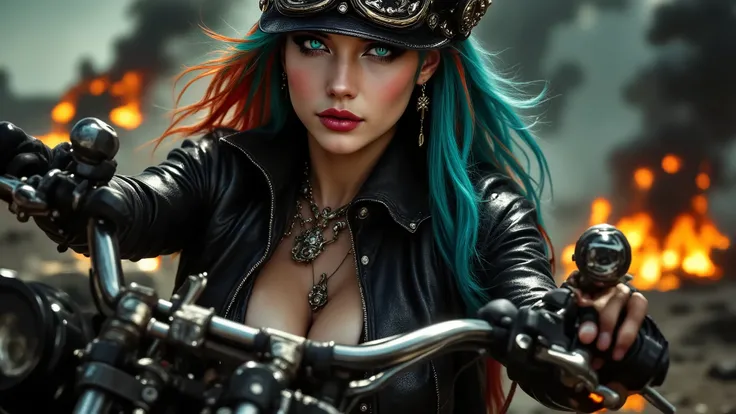 (masterpiece, best quality), A breathtaking young woman (((full body))) in long leather clothing, always in the foreground, radiant hair flowing in various punk-style colors, dressed in the Mad Max style: a leather pilot's hat adorned with intricate orname...