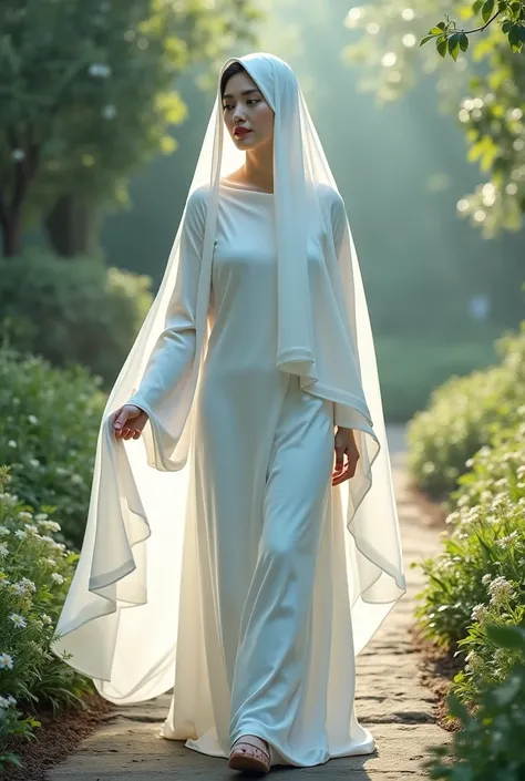 A girl from Al-Hoor Al-Ain wearing a white legal veil walks in heaven that covers her whole body and shows nothing of her body
