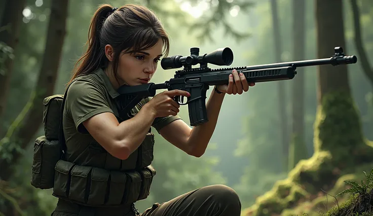  girl with brown hair, stands with a sniper rifle in his hands against the background of the forest