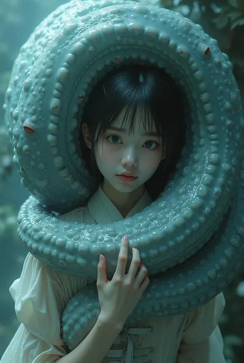 masterpiece, 8k, photorealistic, mystically beautiful, a large tentacles tightly wraps around beautiful Japanese girl, the tentacle creature protects her, nightmare