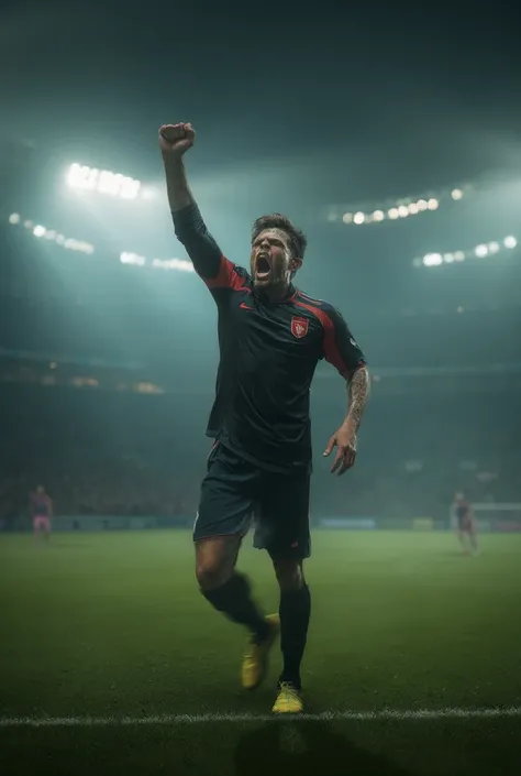 Photo of a soccer player tearing an arm up,  he clenches his fist with his raised arm, He screams and lets out his emotions,  who pulls up his arm, The soccer player is standing on a soccer field, das bild ist from the front, Majestic aura of the soccer pl...