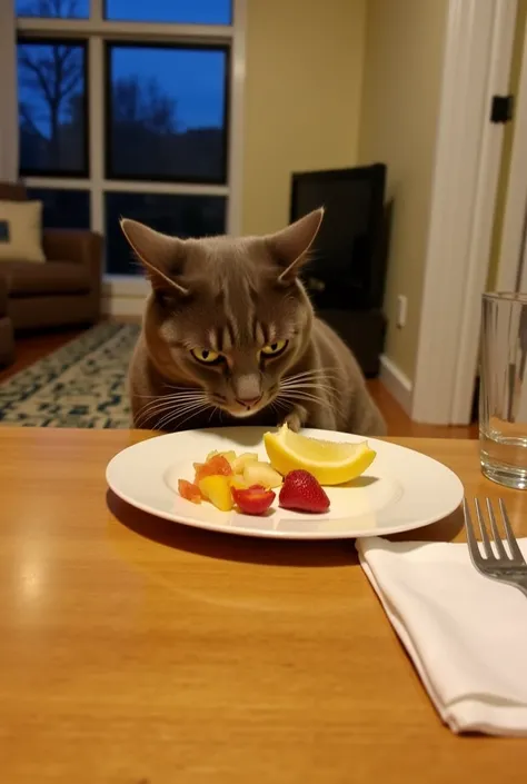 The Cat Eats at the Dining Table**
- **Description:** The brown cat sits at a small dining table, eating the sliced fruits from a plate. The table is set simply, with a napkin and a glass of water. The cat looks content as it enjoys its meal.
- **Mood:** R...