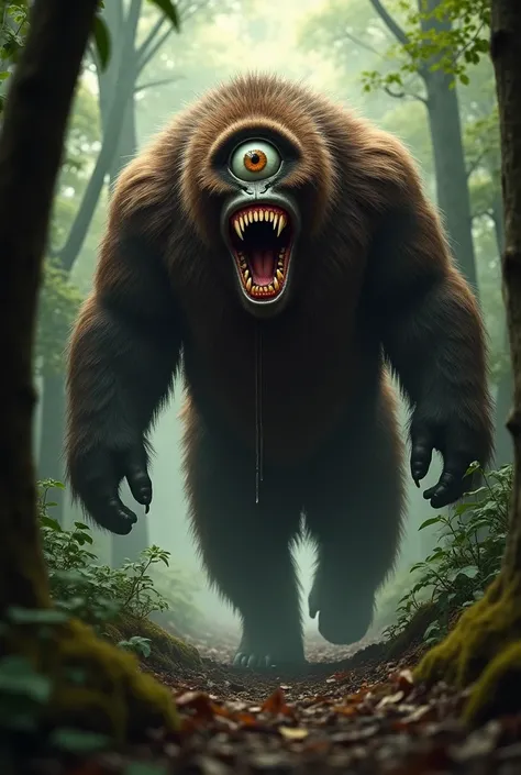 Furry monster with a single huge eye on its head. Dark brown fur.  A gigantic mouth that goes from the neck to the navel, Open and full of teeth. His mouth is wide open. Saliva drips from the teeth. You are walking through a dense forest.