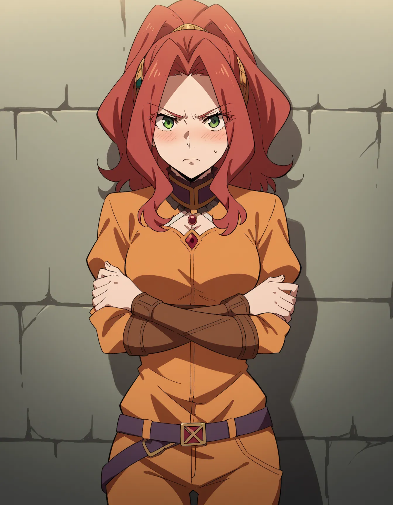 score_9, score_8_up, score_7_up, source_anime, malty melromarc, long hair, green eyes, red hair, parted bangs, ponytail, medium breasts, in jail wearing an orange jumpsuit,masterpiece, best quality, ultra-detailed, ultra high res,  depth,blush,, looking at...