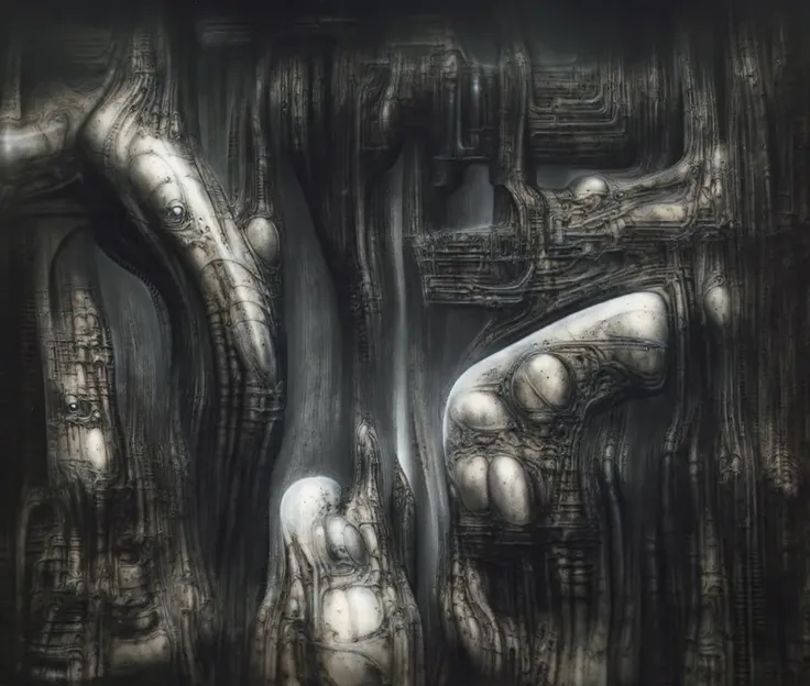 DARK BLACK COLORS. Giger_style, H. R. Giger's g1g3r, , Giger_style. Please reproduce the original image as accurately as possible, capturing the intricate details of the biomechanical structures, the dramatic lighting, and the overall sense of unease. Find...