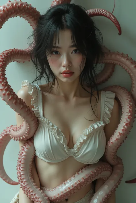 masterpiece, 8k, photorealistic, raw photo, beautiful Japanese woman, bound by large tentacles, tentacle sex