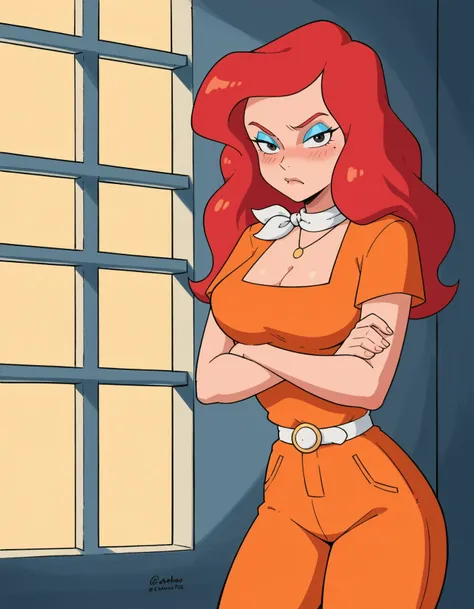 score_9, score_8_up, score_7_up, source_anime, 1girl, red hair, solo, jewelry, makeup, blue eyeshadow, cleavage, neckerchief, medium breasts, in jail wearing an orange jumpsuit,masterpiece, best quality, ultra-detailed, ultra high res,  depth,blush,, looki...