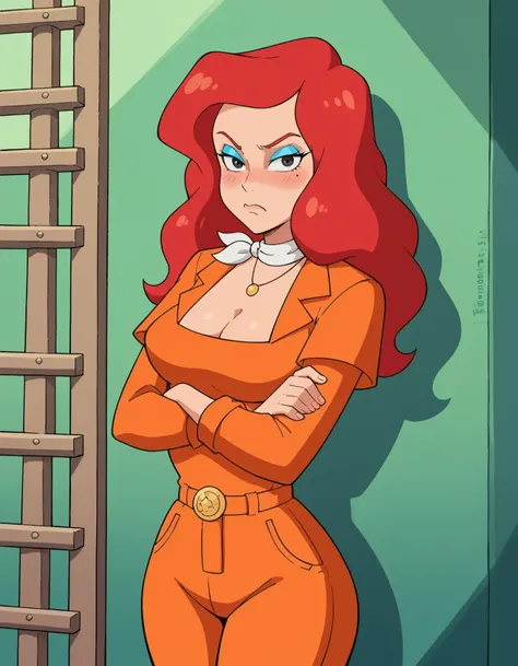 score_9, score_8_up, score_7_up, source_anime, 1girl, red hair, solo, jewelry, makeup, blue eyeshadow, cleavage, neckerchief, medium breasts, in jail wearing an orange jumpsuit,masterpiece, best quality, ultra-detailed, ultra high res,  depth,blush,, looki...