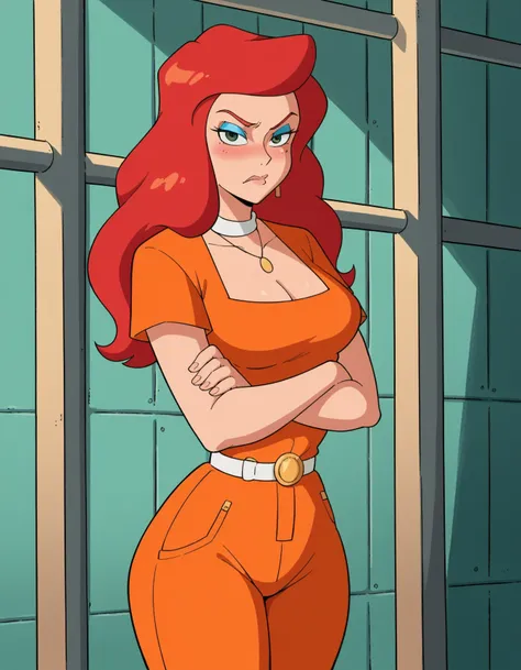 score_9, score_8_up, score_7_up, source_anime, 1girl, red hair, solo, jewelry, makeup, blue eyeshadow, cleavage, neckerchief, medium breasts, in jail wearing an orange jumpsuit,masterpiece, best quality, ultra-detailed, ultra high res,  depth,blush,, looki...