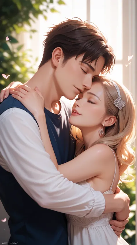 8k,anime,super detail, A beautiful woman with her man hugging  as a couple and loving looks, romantic background, poetic place, effects, lighting, realistic, anime