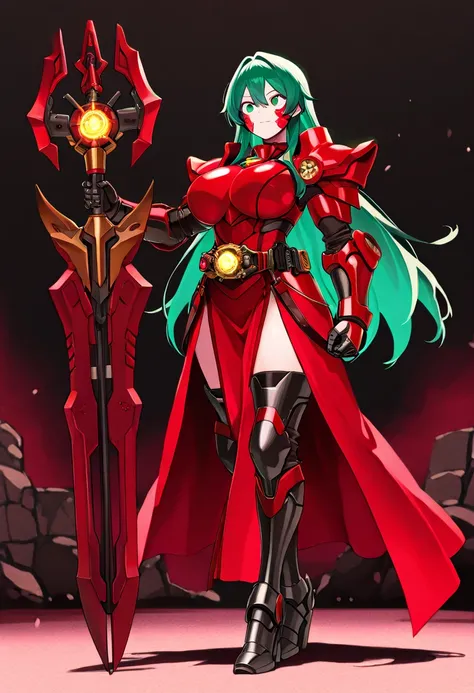  Masterpiece,  top quality,  Hi-Res,  1girl , Alone、Queen、赤い髪、  red dress armor  、Red Iron Breastplate、Big Breasts、 Wear a red iron mask on your face 、 iron gauntlet on the arm 、 Iron Boots、 full body、 violet and emerald green odd-eye、Heavy weapons in the ...