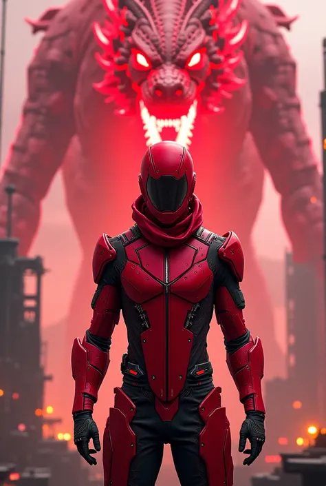 A ninja in bright red futuristic clothes and behind him a fire-breathing red dragon