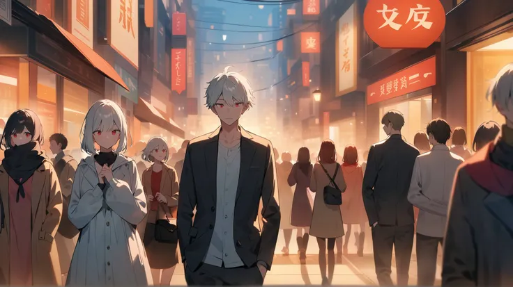 A red-eyed, white-haired man in his 20s standing alone among many couples in the city