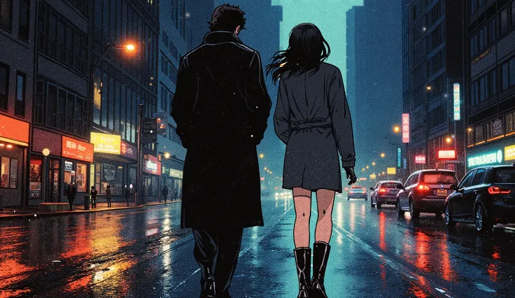 A man is walking on the road in a long coat and a woman is walking slowly next to him, she is wearing a coat, short skirt and black boots, she has a lit cigarette in her hand, they are wet under the light rain and they are moving forward. Anime style, nigh...