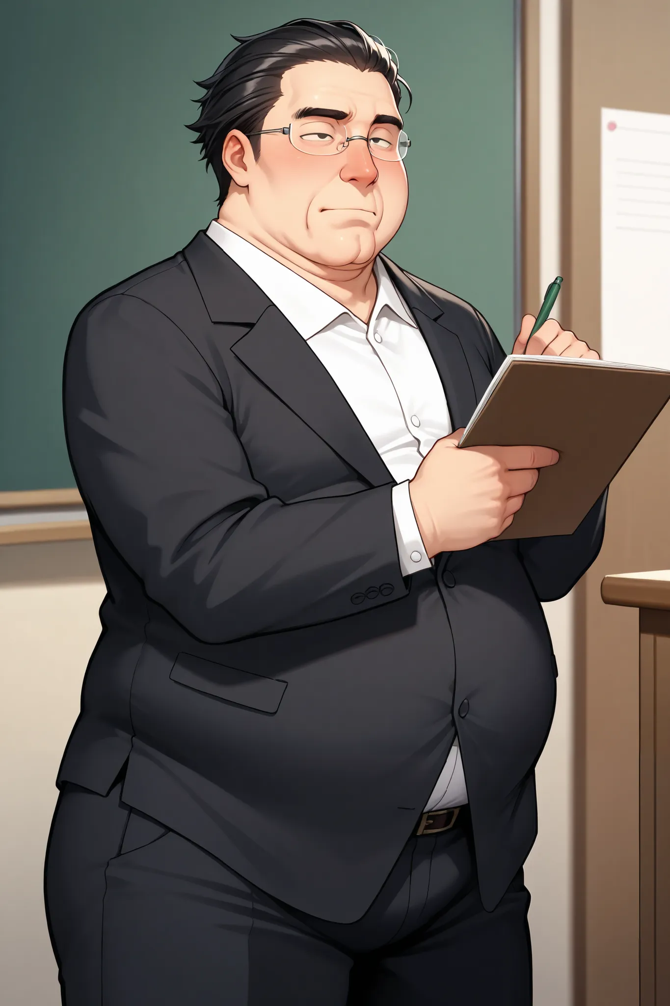 obese fat man,solo , cowboy shot ,rimless glasses,black slicked back hair,cleft chin,japanese , narrow eyes, nose,teacher, vulgarity