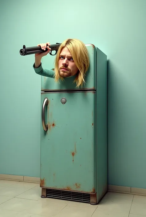 A fridge that looks like kurt cobain shooting itself with a shotgun