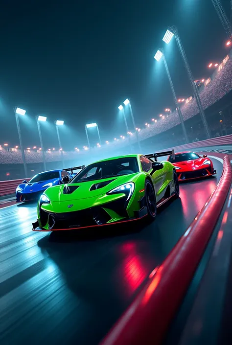 Make me three cars competing on a track, one green ,  one blue and the other red . let it be at night