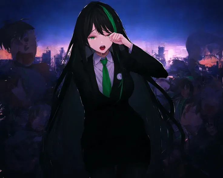 alone、 black hair、 1 girl、Stand、 black business suit for women、 Black Miniskirt 、 black tights、 green tie 、green streaked hair、((background:City sunrise))、 open your mouth slightly, watery eyes、wiping tears,Loss、regrettable、extreme long shot