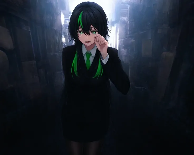 alone、 black hair、 1 girl、Stand、 black business suit for women、 Black Miniskirt 、 black tights、 green tie 、green streaked hair、((background:City sunrise))、 open your mouth slightly, watery eyes、wiping tears,Loss、regrettable、extreme long shot