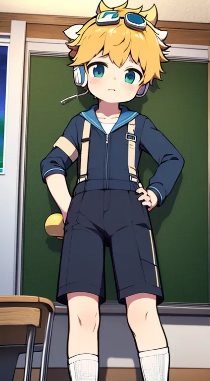 2D boy Shota ，One-piece hiking suit ， Wear headphones on your head， permanent，Goggles，trumpet，Cow ears，sneakers，classroom