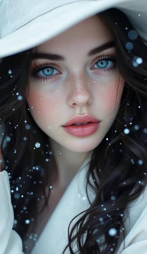  The woman in the image has an ethereal beauty , with a pale, oval face that seems to be sculpted in porcelain .  Her bright blue eyes are like two shiny jewels ,  surrounded by long, dark eyelashes .  Her long, wavy hair is a dark color , almost black,  a...