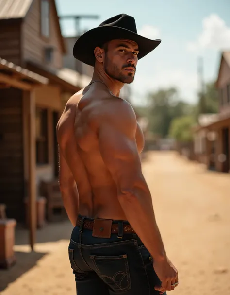 (Photorealistic:1.4, ultra realistic, best quality, 4k, masterpiece:1.2, 8K UHD, RAW Photograph, Photorealistic Portrait Leica Digital SLR, Lifelike images, make this image a true masterpiece) a handsome male cowboy in a an old wild west town ((modeling nu...